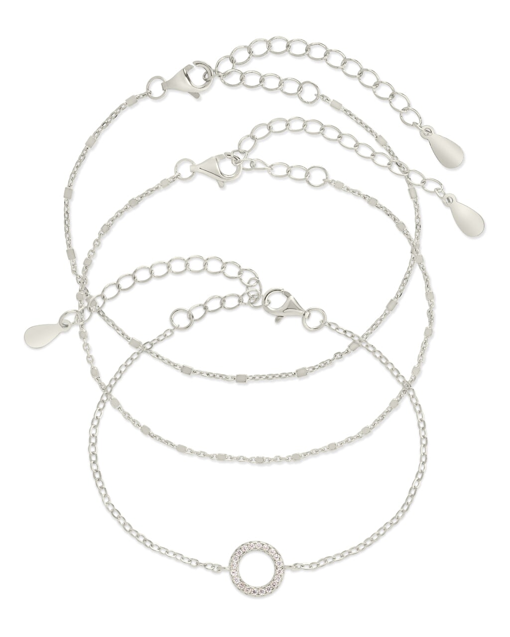 Sterling Silver CZ Circle & Chain Bracelet Set of 3