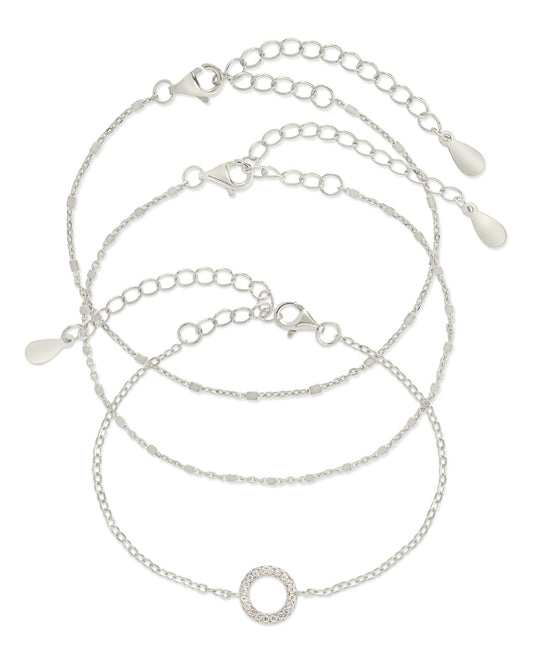 Sterling Silver CZ Circle & Chain Bracelet Set of 3