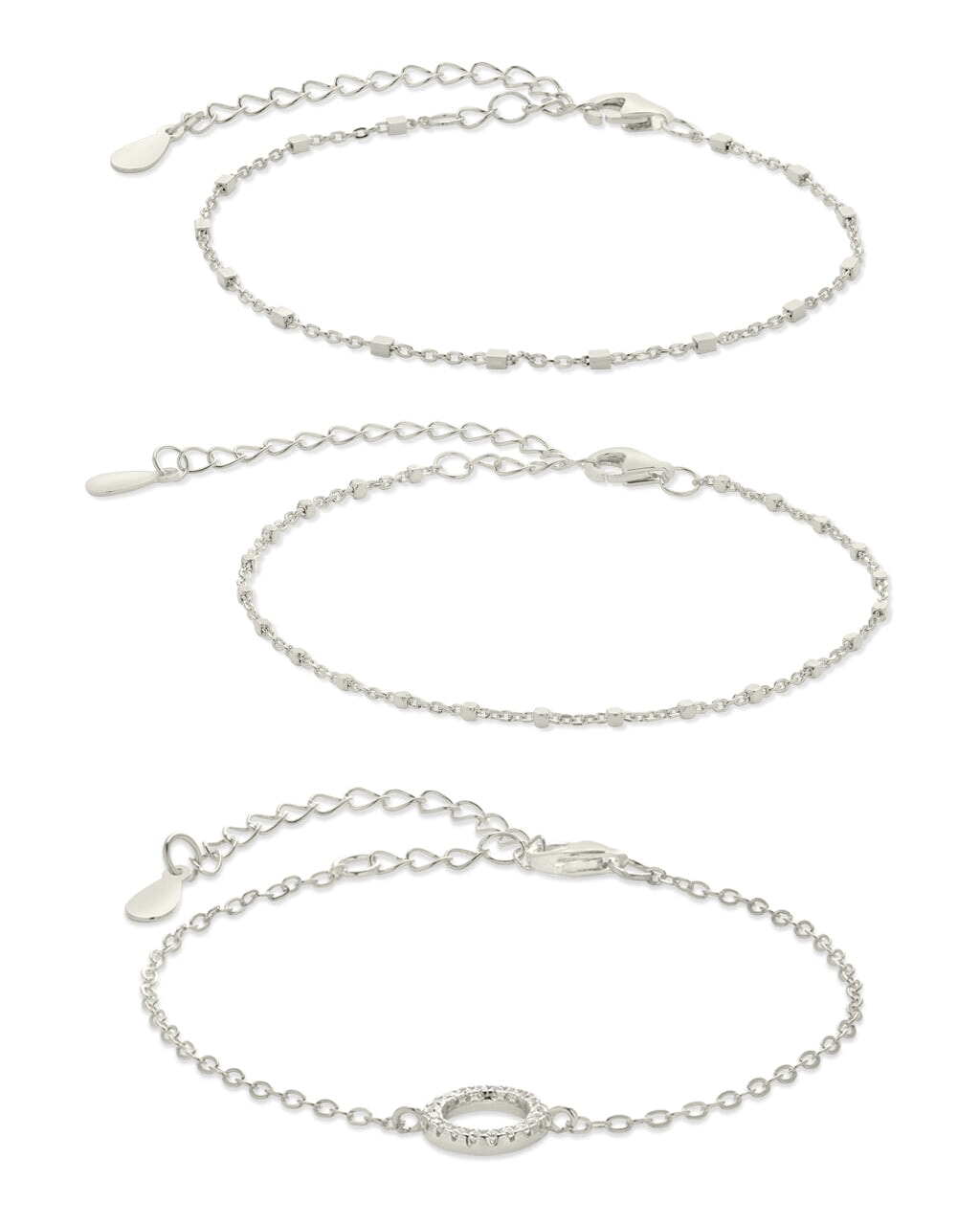 Sterling Silver CZ Circle & Chain Bracelet Set of 3