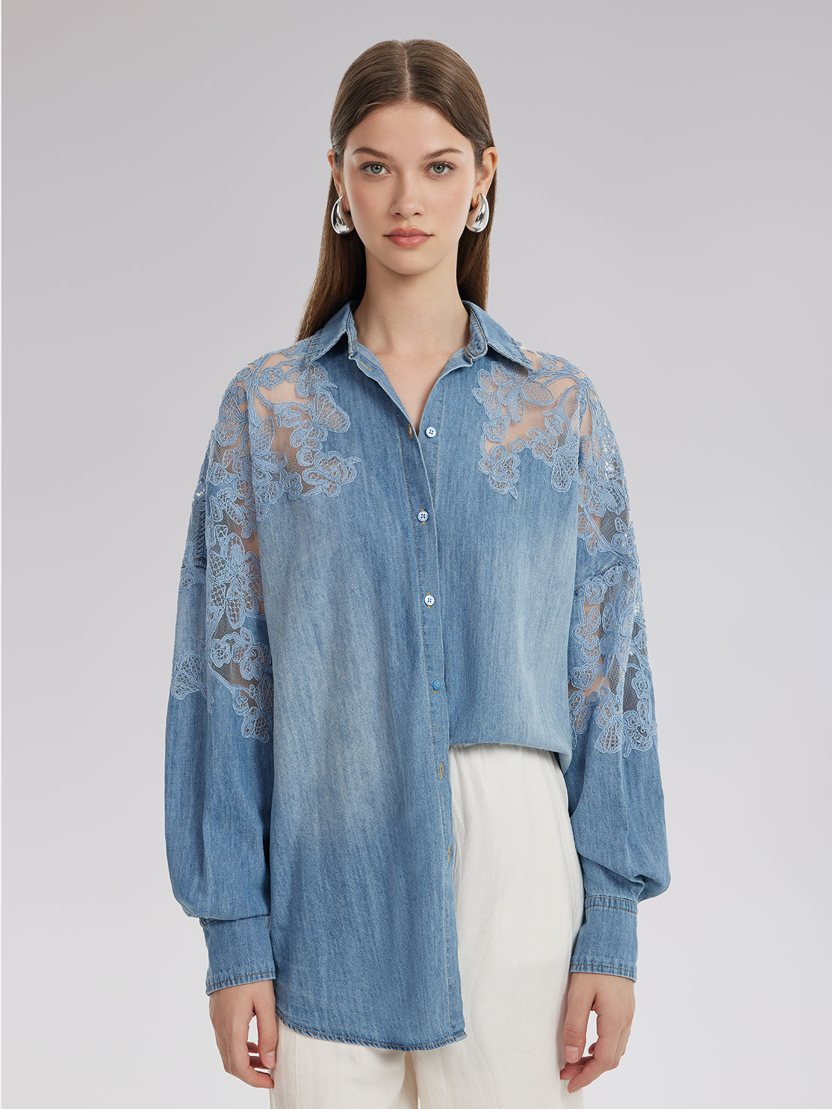 Floral Lace Panel Denim Shirt