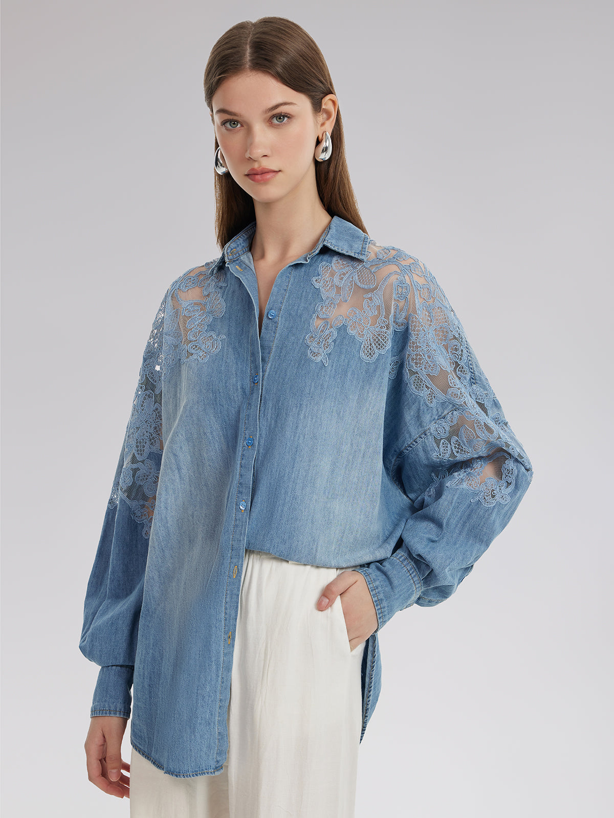 Floral Lace Panel Denim Shirt