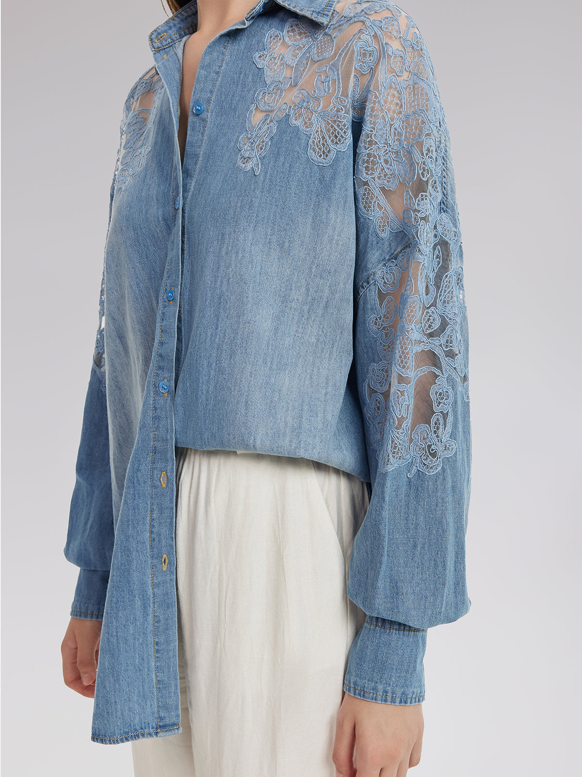 Floral Lace Panel Denim Shirt
