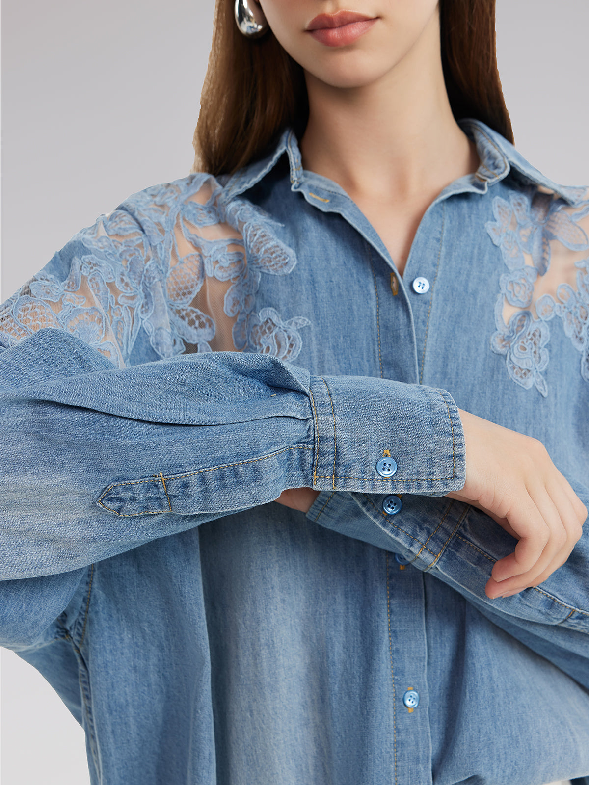 Floral Lace Panel Denim Shirt