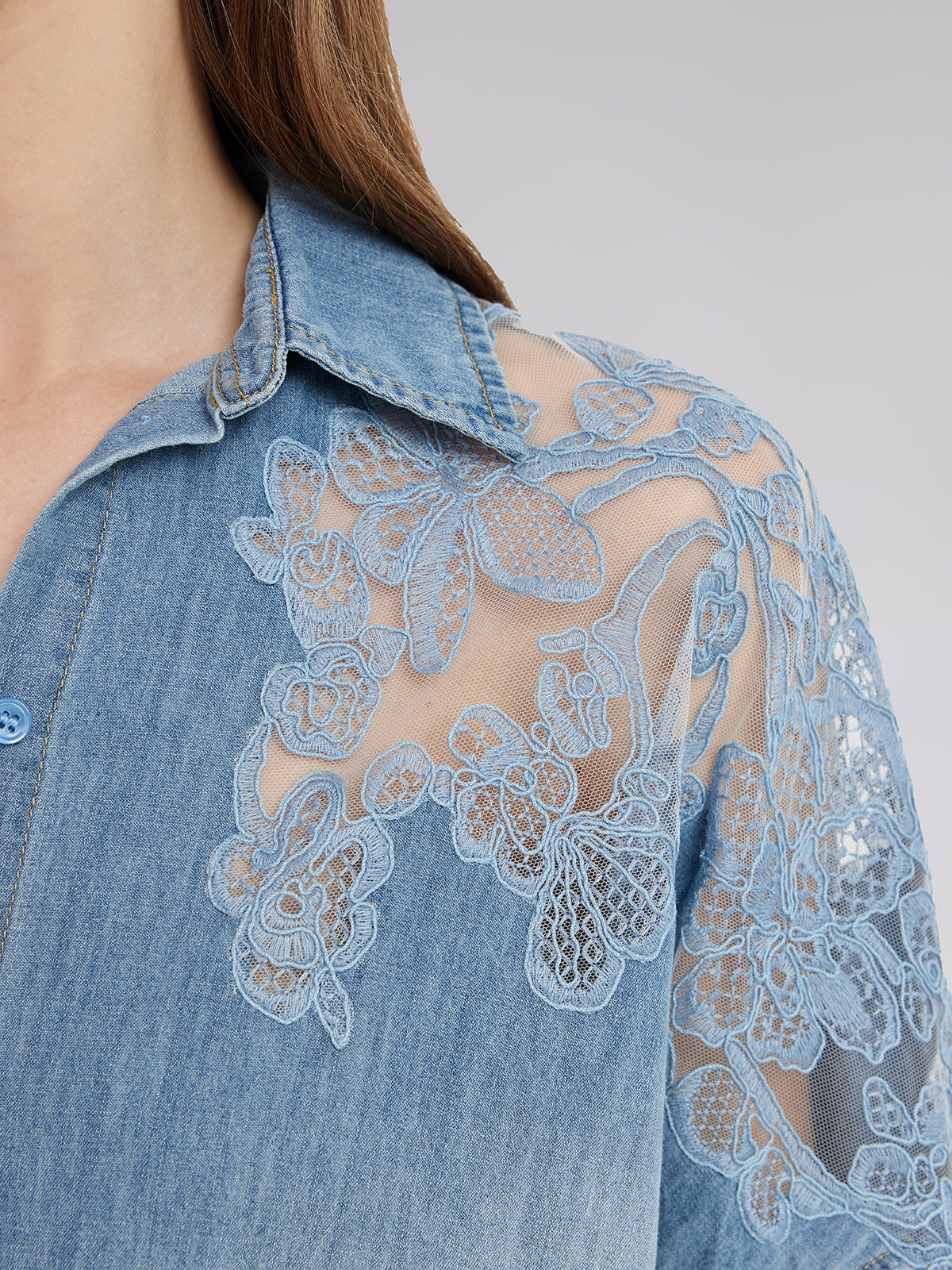 Floral Lace Panel Denim Shirt