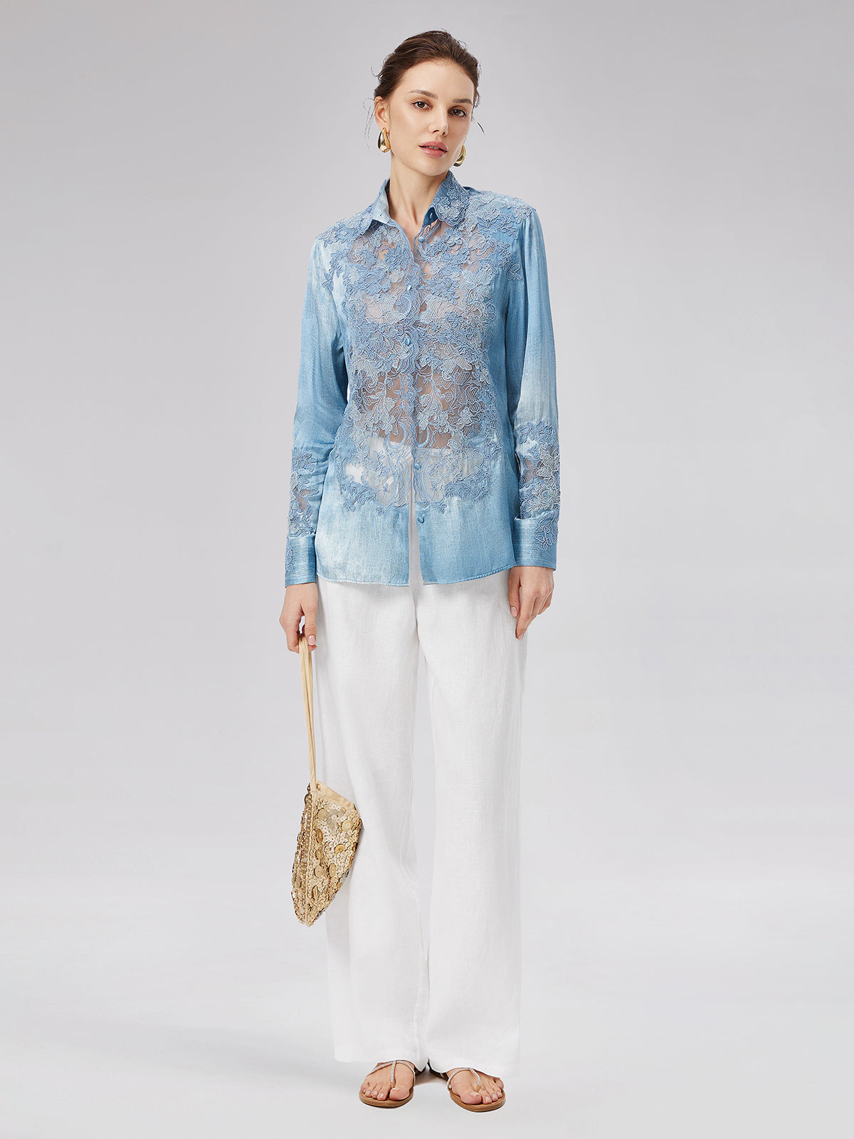 Lace Panel Washed Denim Shirt