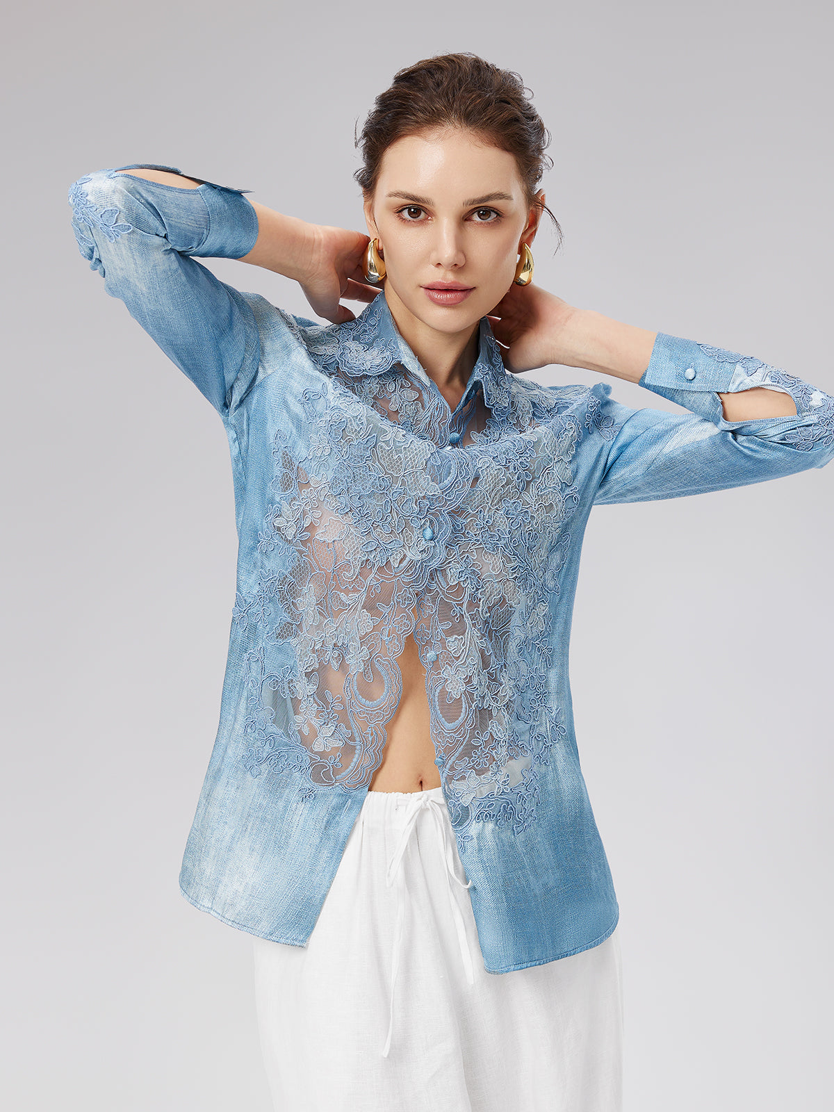 Lace Panel Washed Denim Shirt