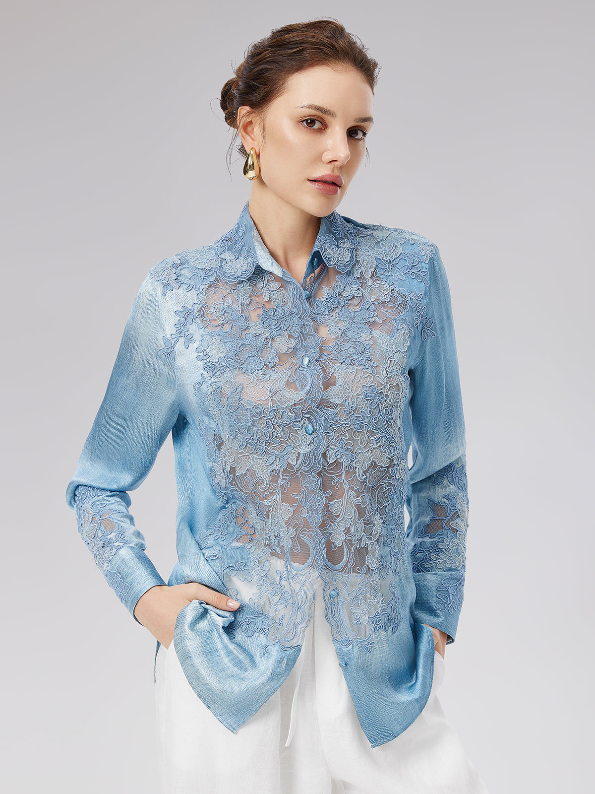 Lace Panel Washed Denim Shirt
