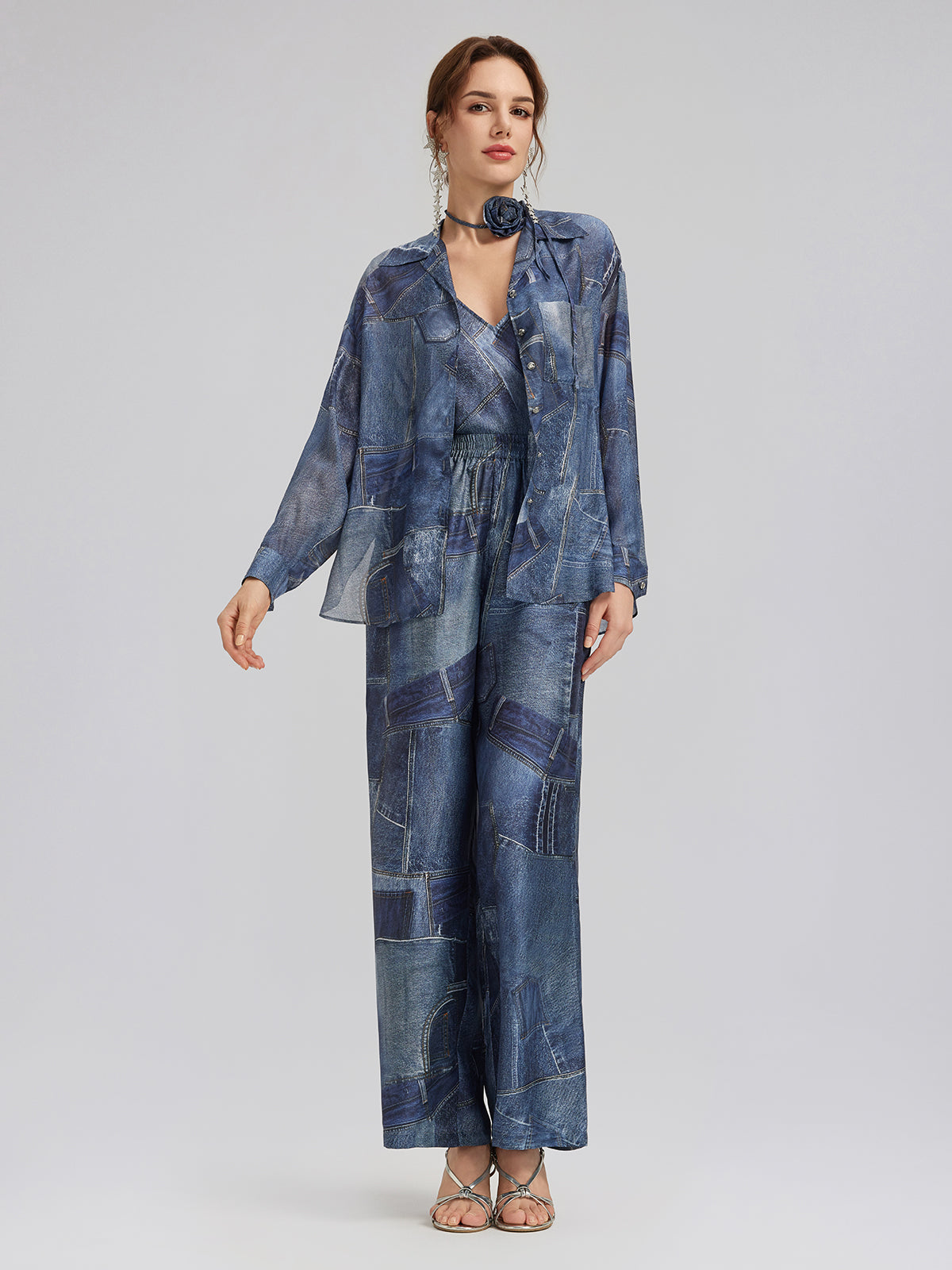 Silk Chiffon Denim-Print Shirt