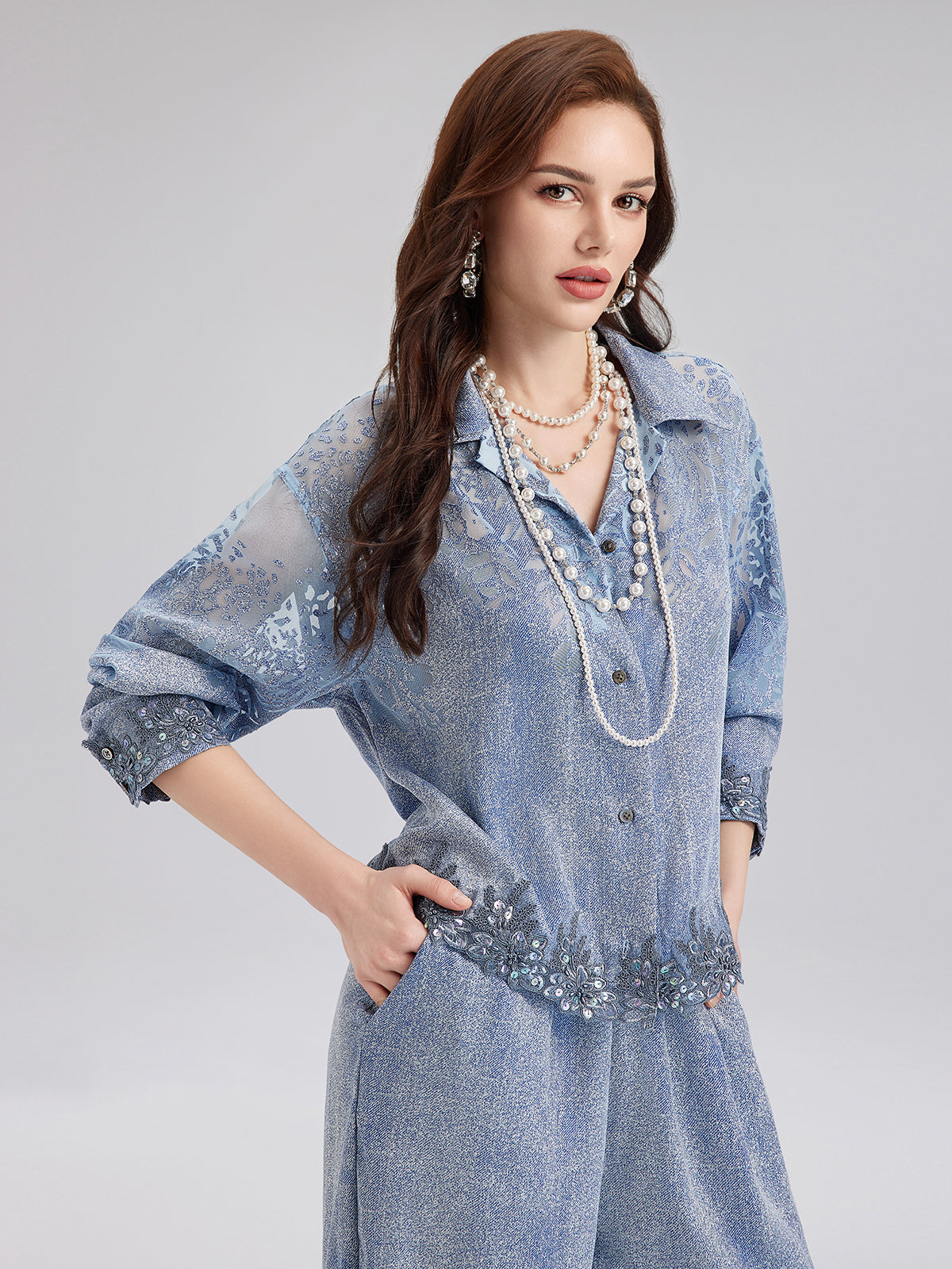 Custom Denim-Effect Gradient Lace Shirt