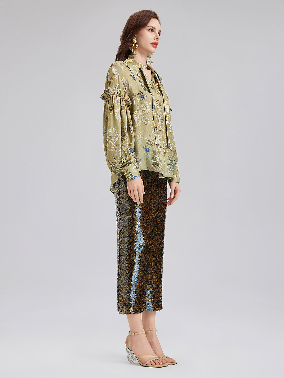 Vintage Mercerization Jacquard Ruffle Blouse