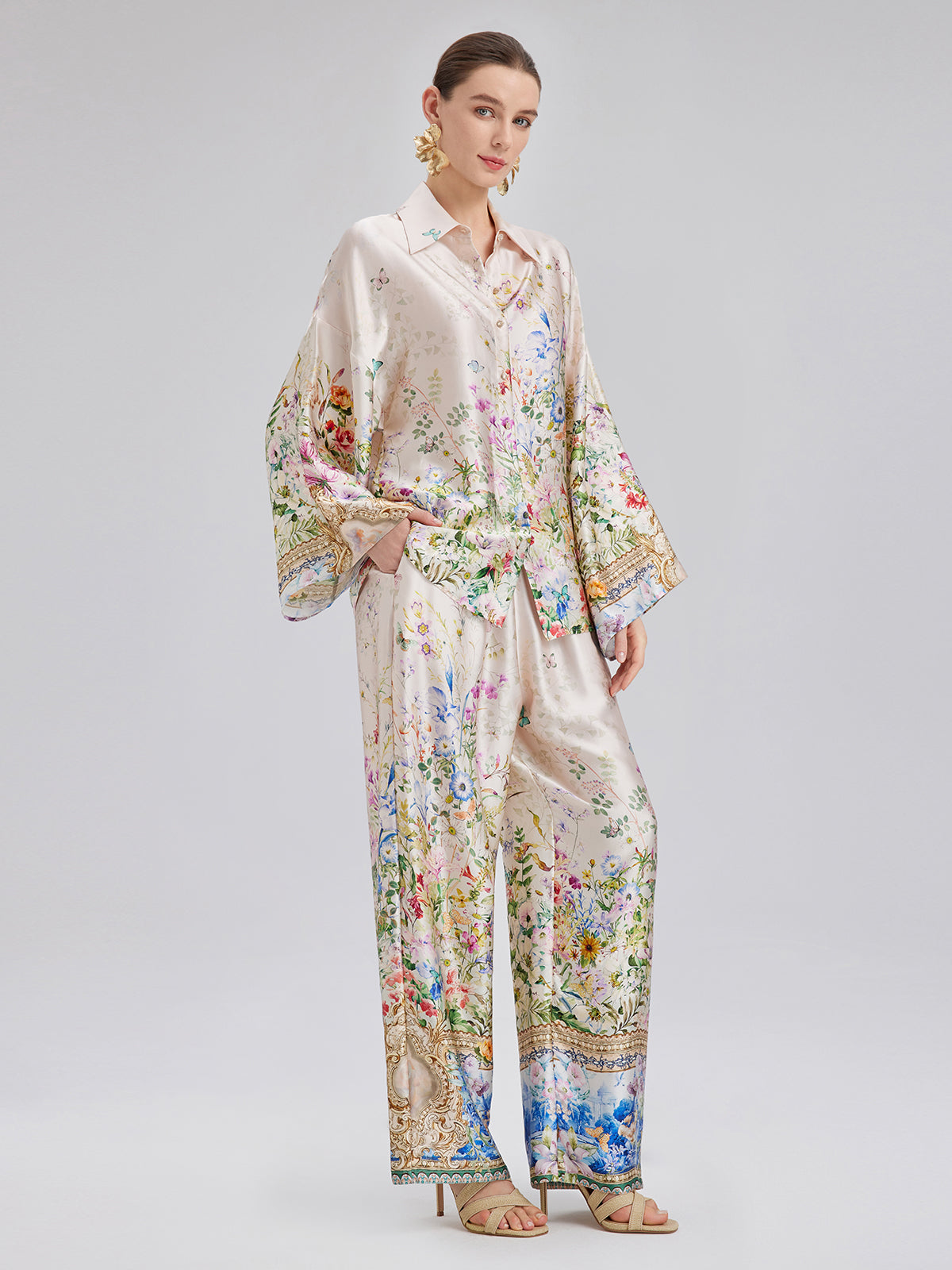 Silk Satin Floral Print Shirt (100% Silk)