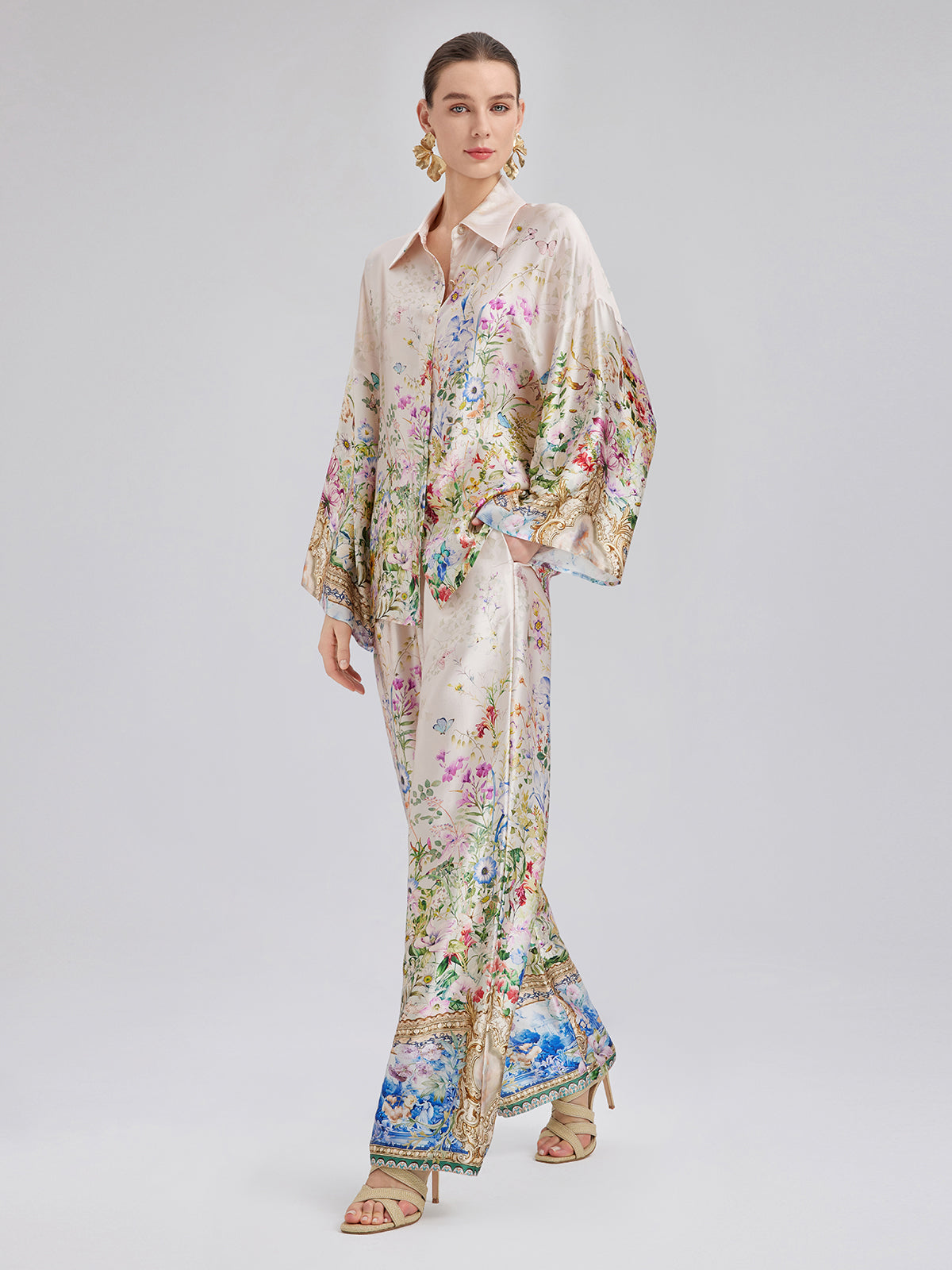 Silk Satin Floral Print Shirt (100% Silk)