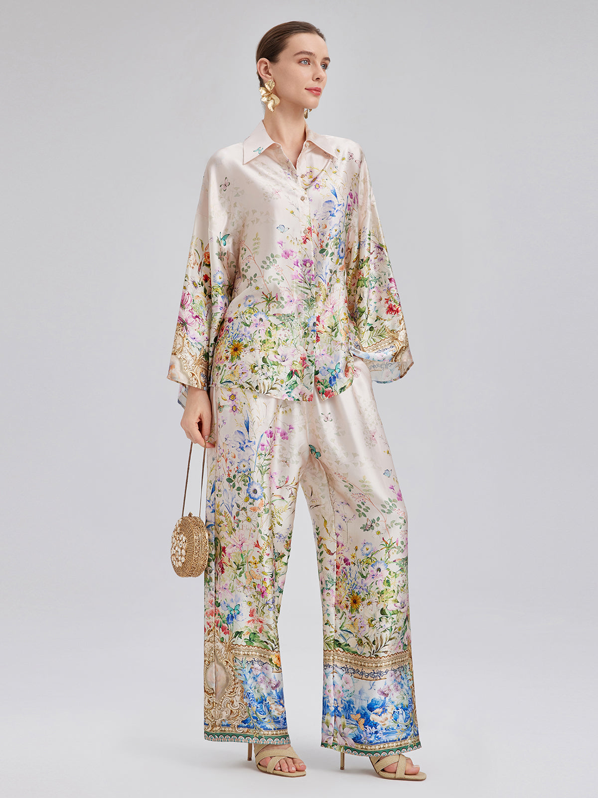Silk Satin Floral Print Shirt (100% Silk)