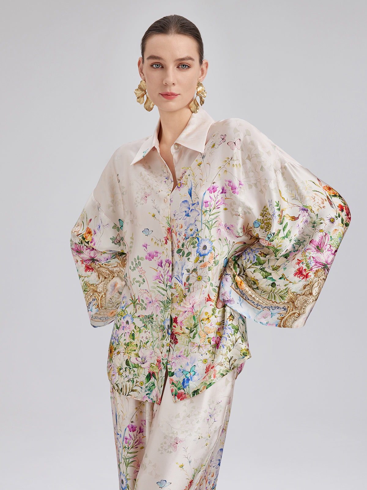 Silk Satin Floral Print Shirt (100% Silk)