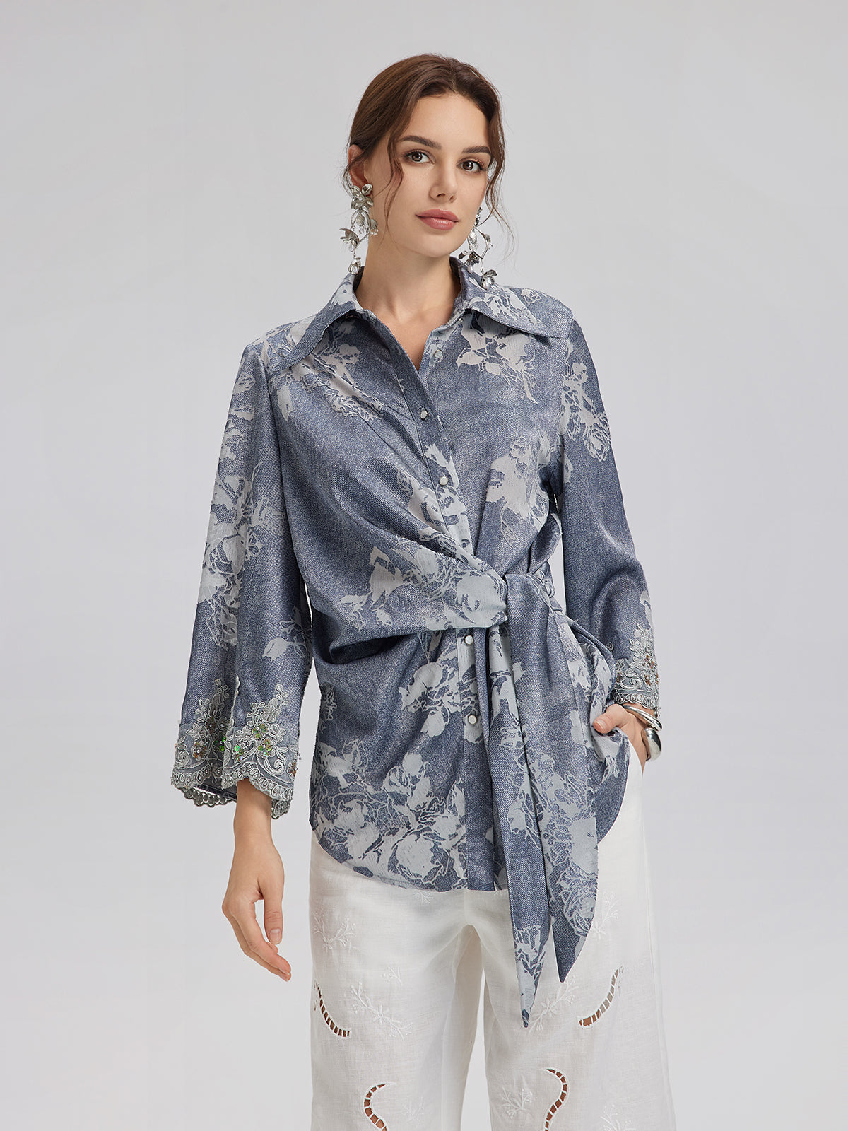 Burnout Floral Tie-Front Shirt