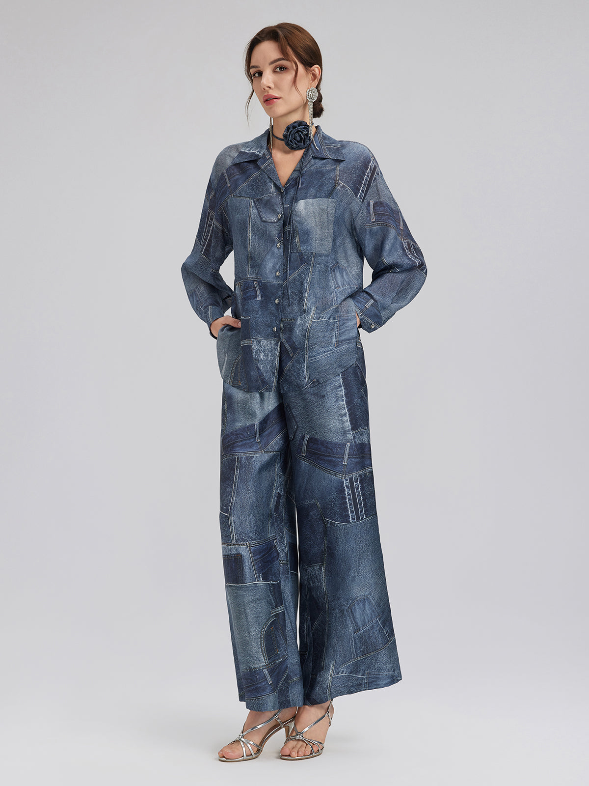Silk Chiffon Denim-Print Shirt