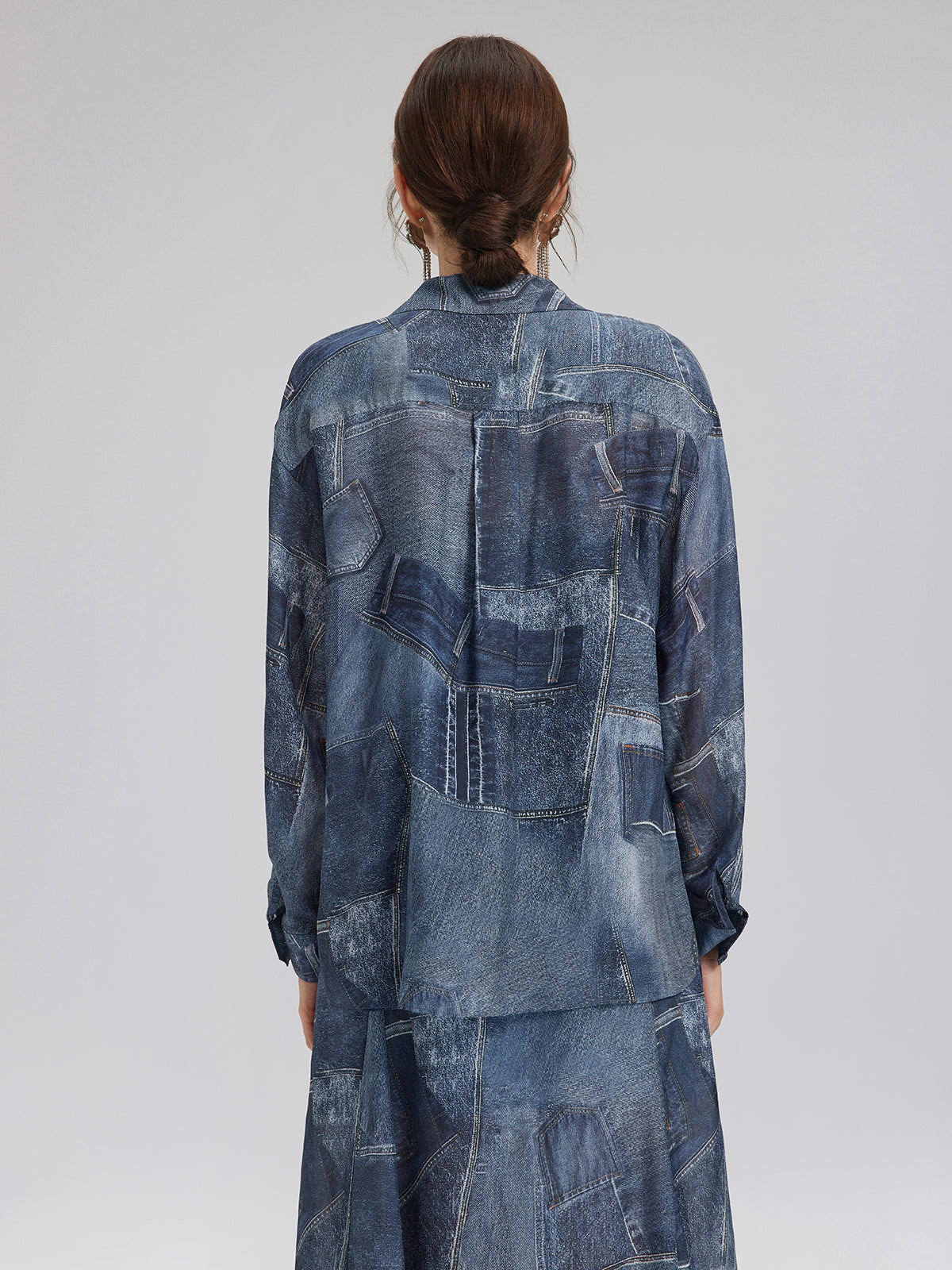 Silk Chiffon Denim-Print Shirt