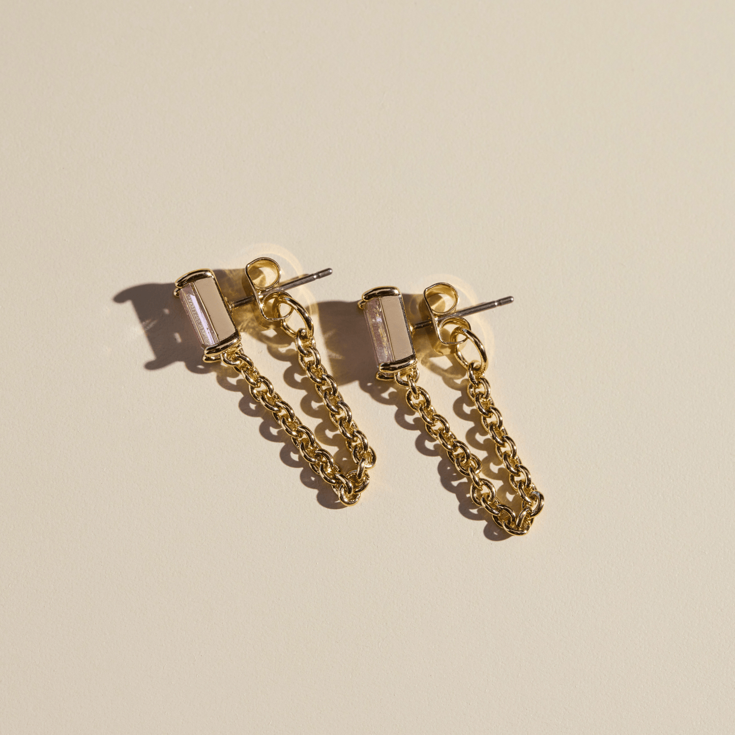 Pink Baguette Chain Drop Studs