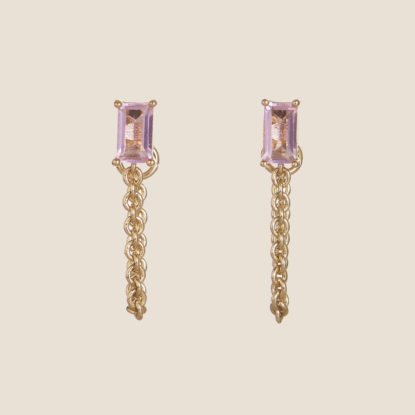 Pink Baguette Chain Drop Studs