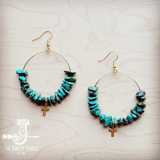 Beaded Hoop Earrings Natural Turq w/ Cross Dangle