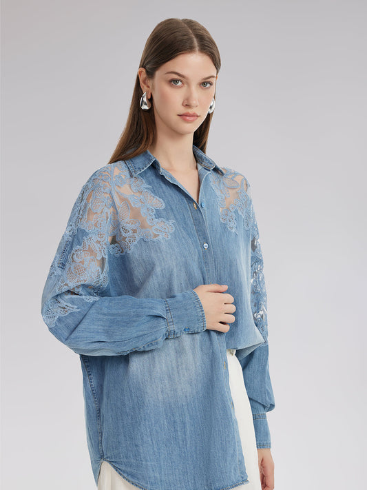 Floral Lace Panel Denim Shirt
