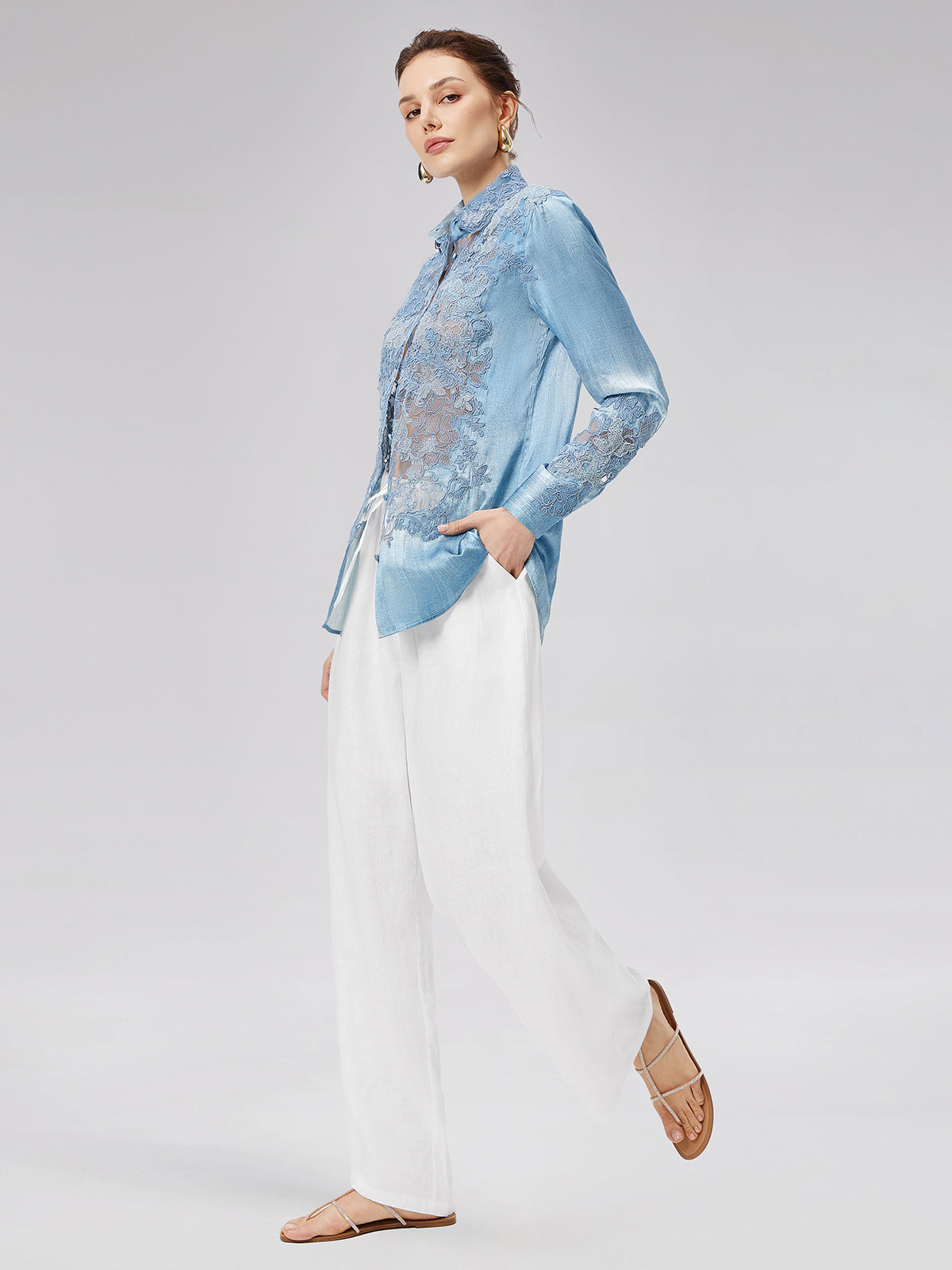 Lace Panel Washed Denim Shirt