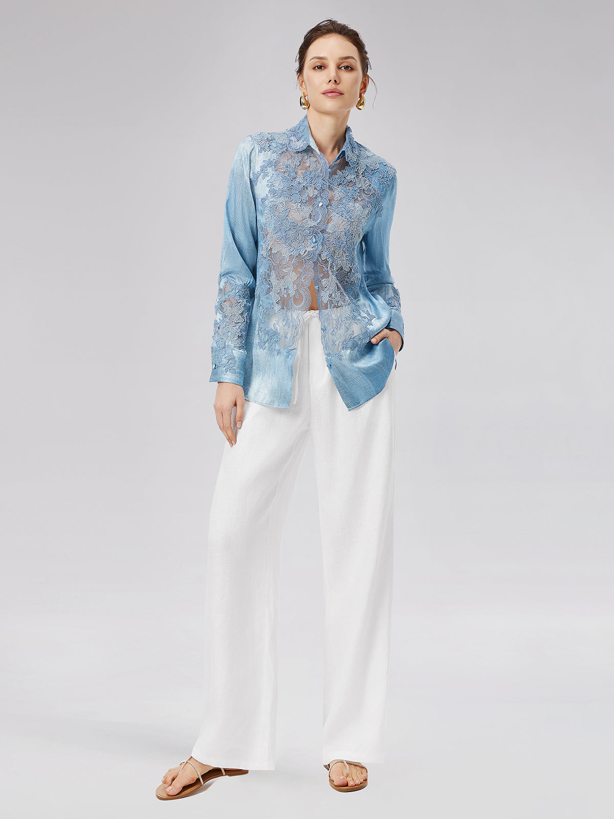 Lace Panel Washed Denim Shirt