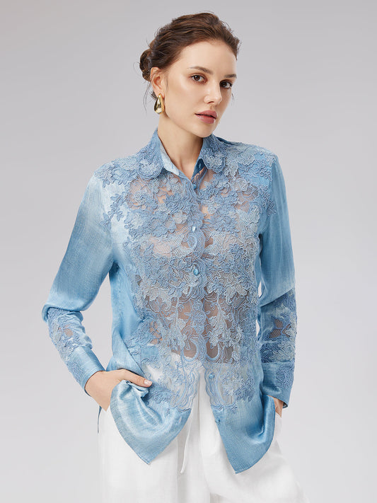 Lace Panel Washed Denim Shirt