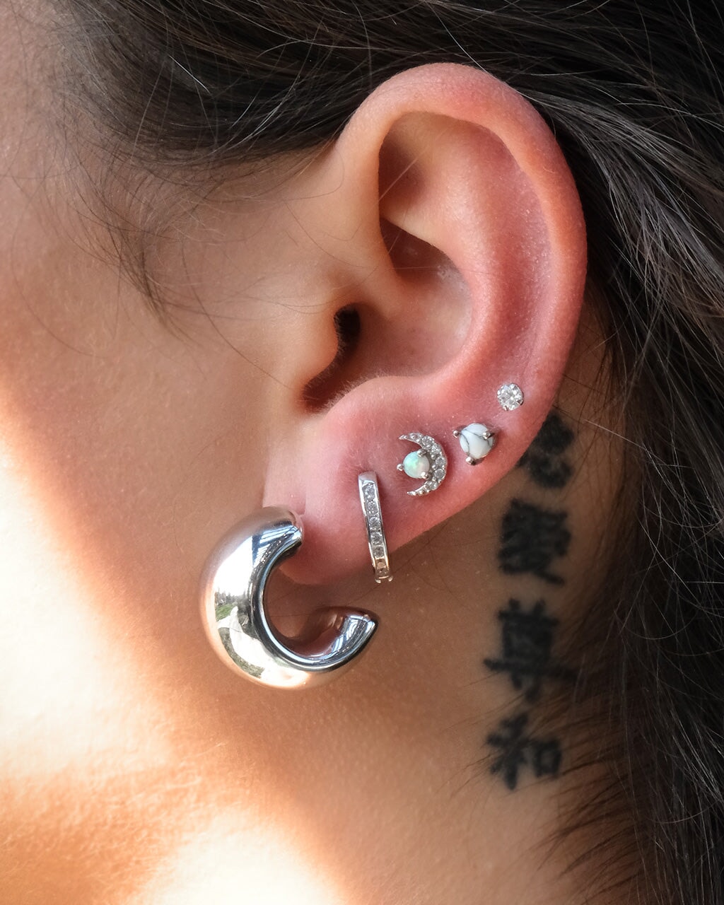 Sterling Silver CZ, Marble, & Opal Crescent Stud Earring Set of 3