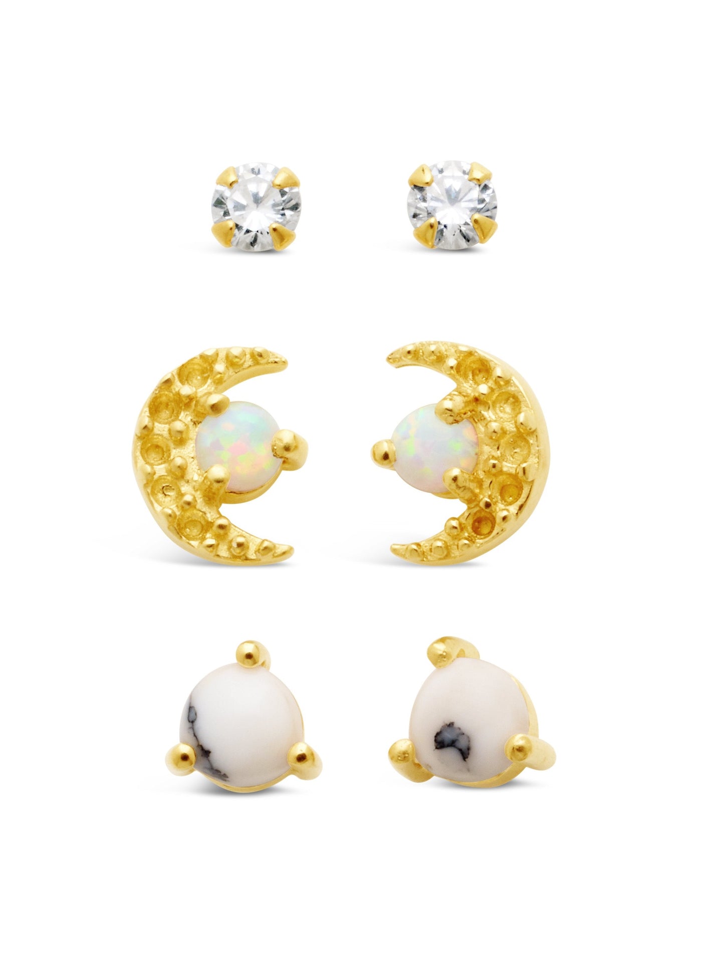 Sterling Silver CZ, Marble, & Opal Crescent Stud Earring Set of 3