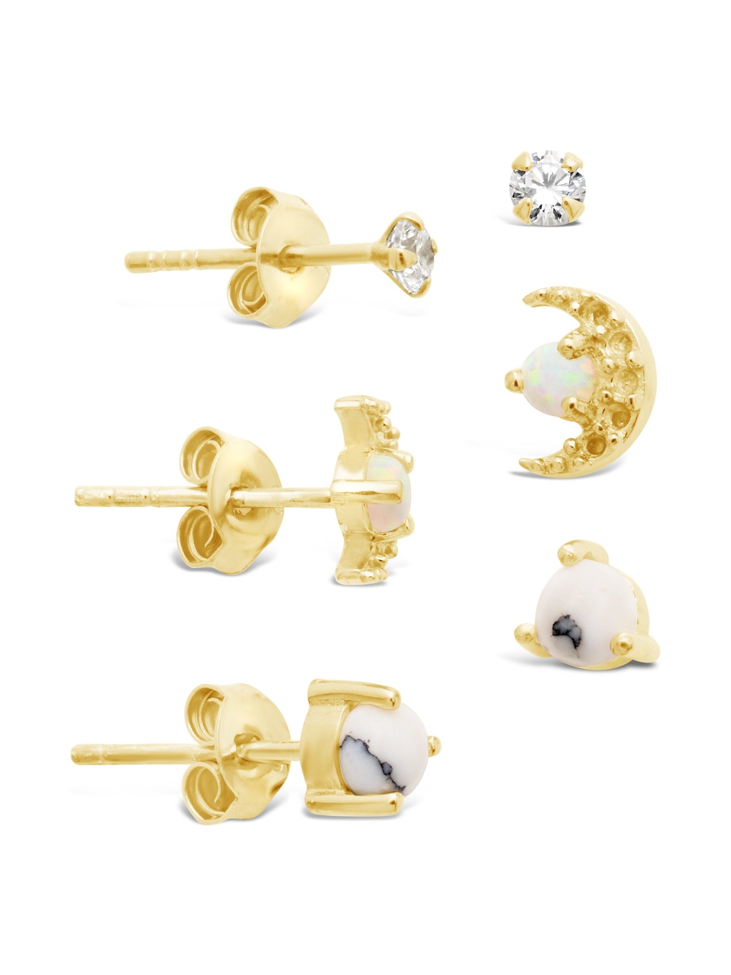 Sterling Silver CZ, Marble, & Opal Crescent Stud Earring Set of 3