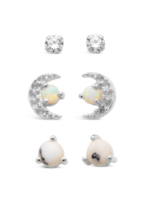 Sterling Silver CZ, Marble, & Opal Crescent Stud Earring Set of 3