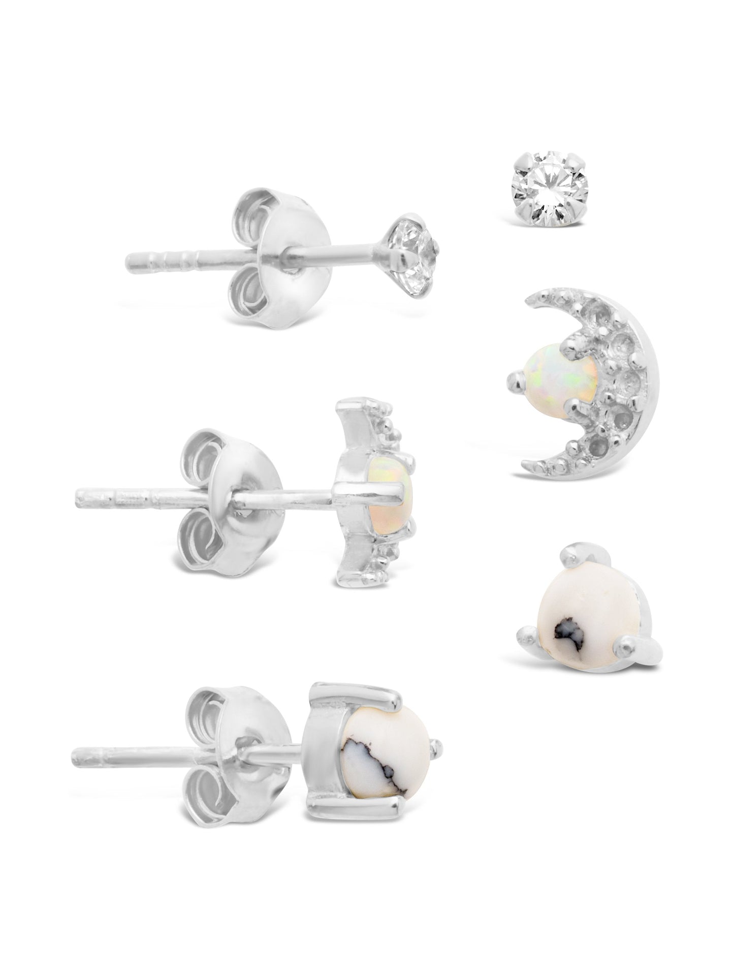 Sterling Silver CZ, Marble, & Opal Crescent Stud Earring Set of 3