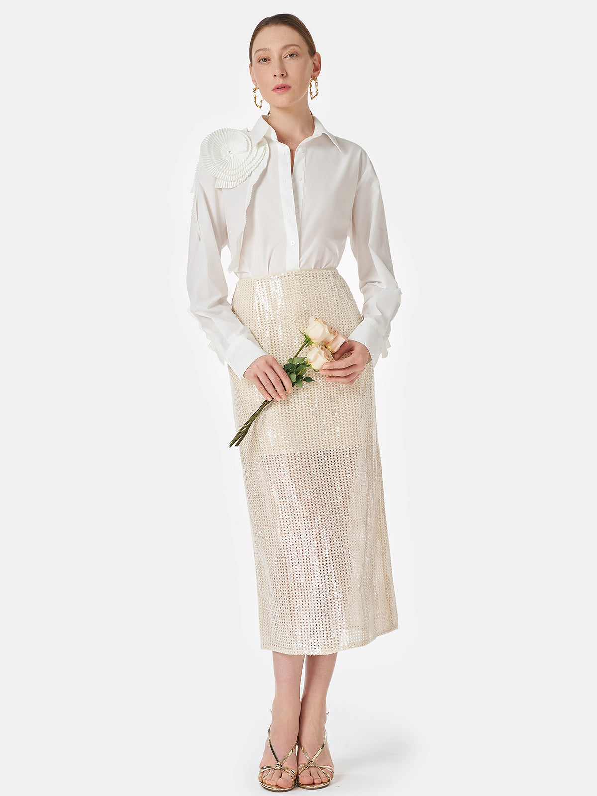 Three-dimensional Pleated Floral Cotton Shirt