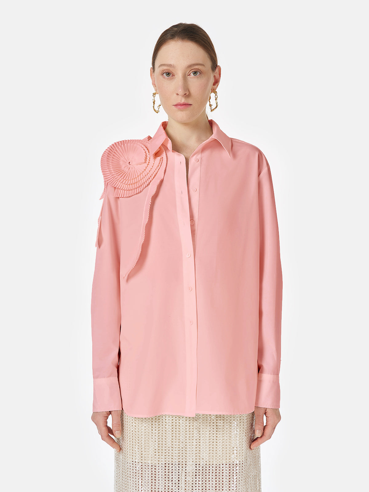 Three-dimensional Pleated Floral Cotton Shirt