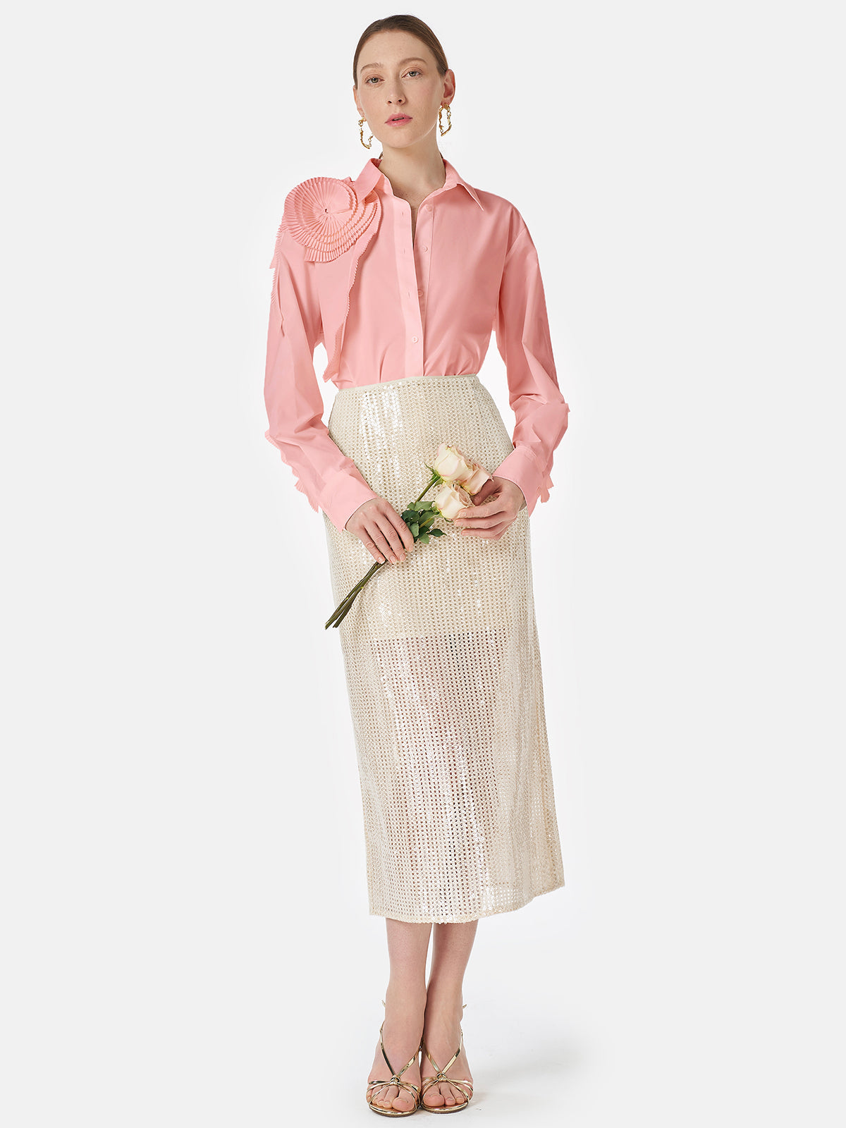 Three-dimensional Pleated Floral Cotton Shirt