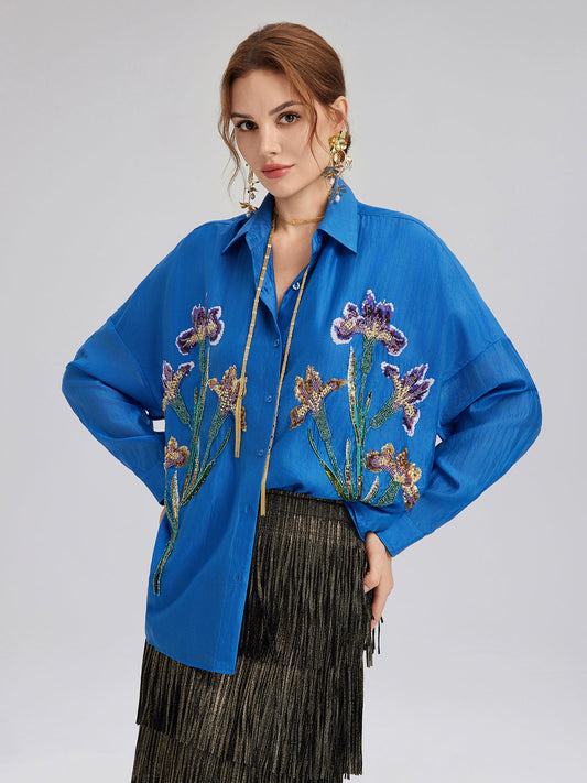 3D Floral Embroidered Loose Shirt