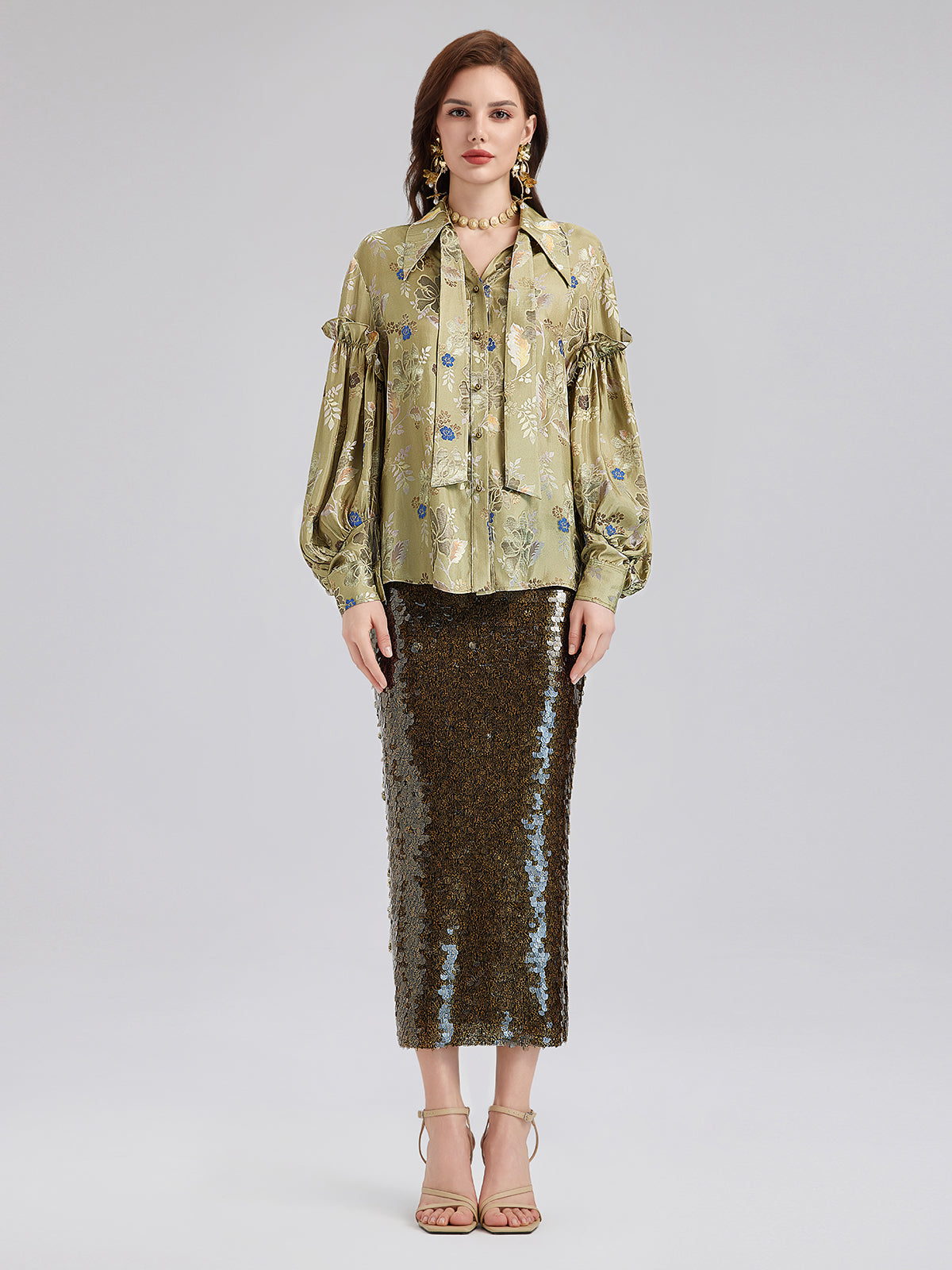 Vintage Mercerization Jacquard Ruffle Blouse