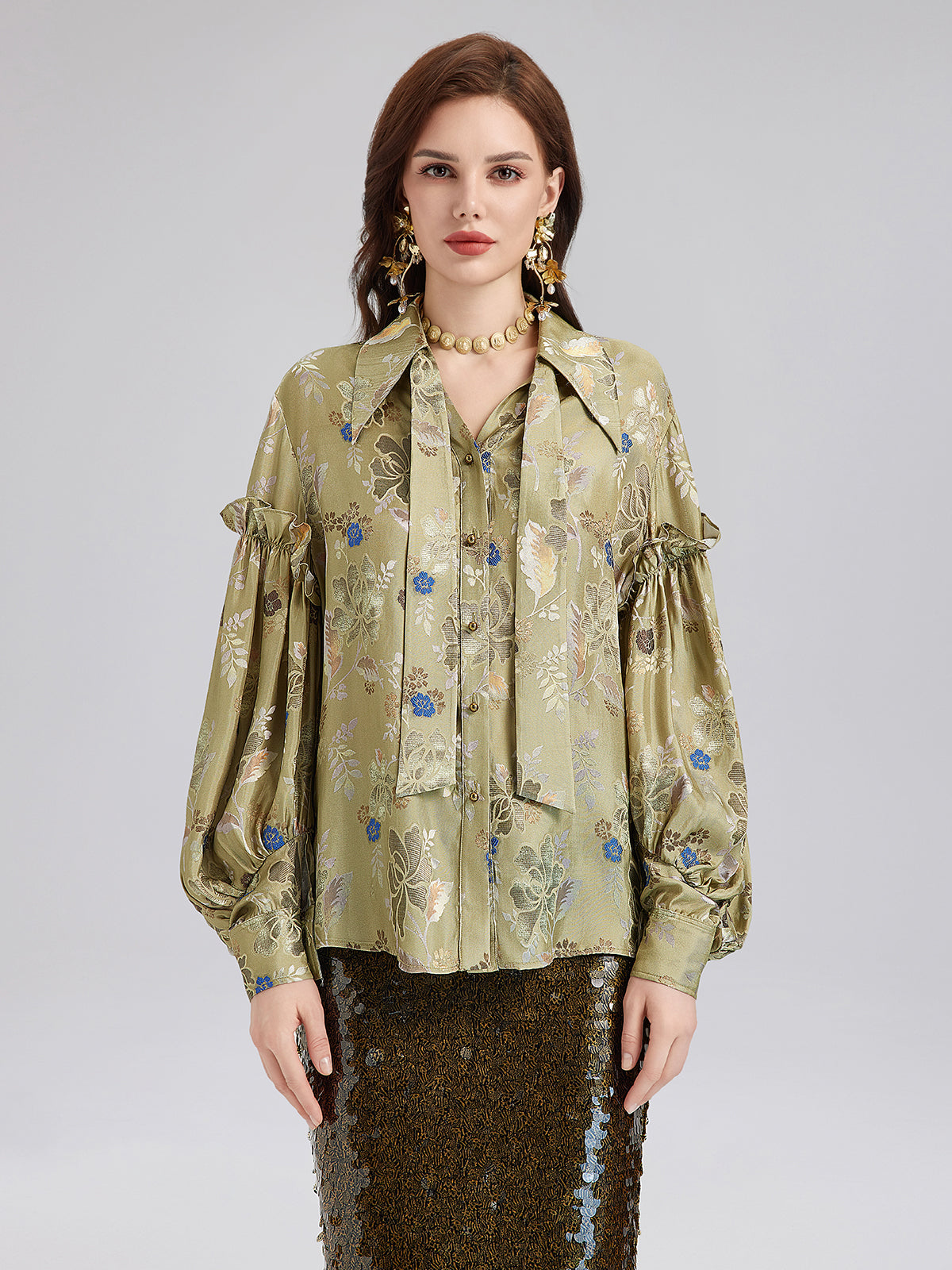 Vintage Mercerization Jacquard Ruffle Blouse