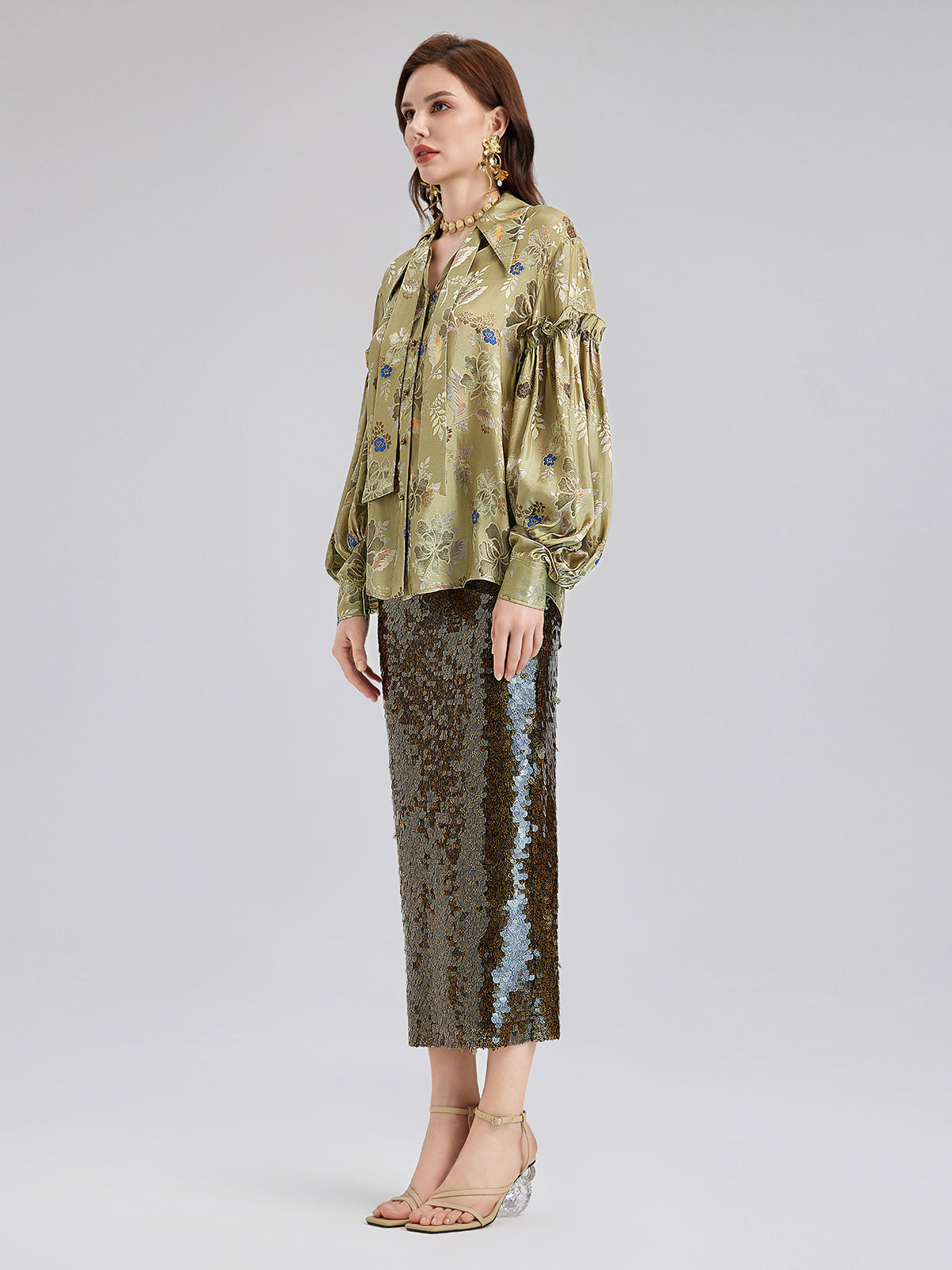 Vintage Mercerization Jacquard Ruffle Blouse