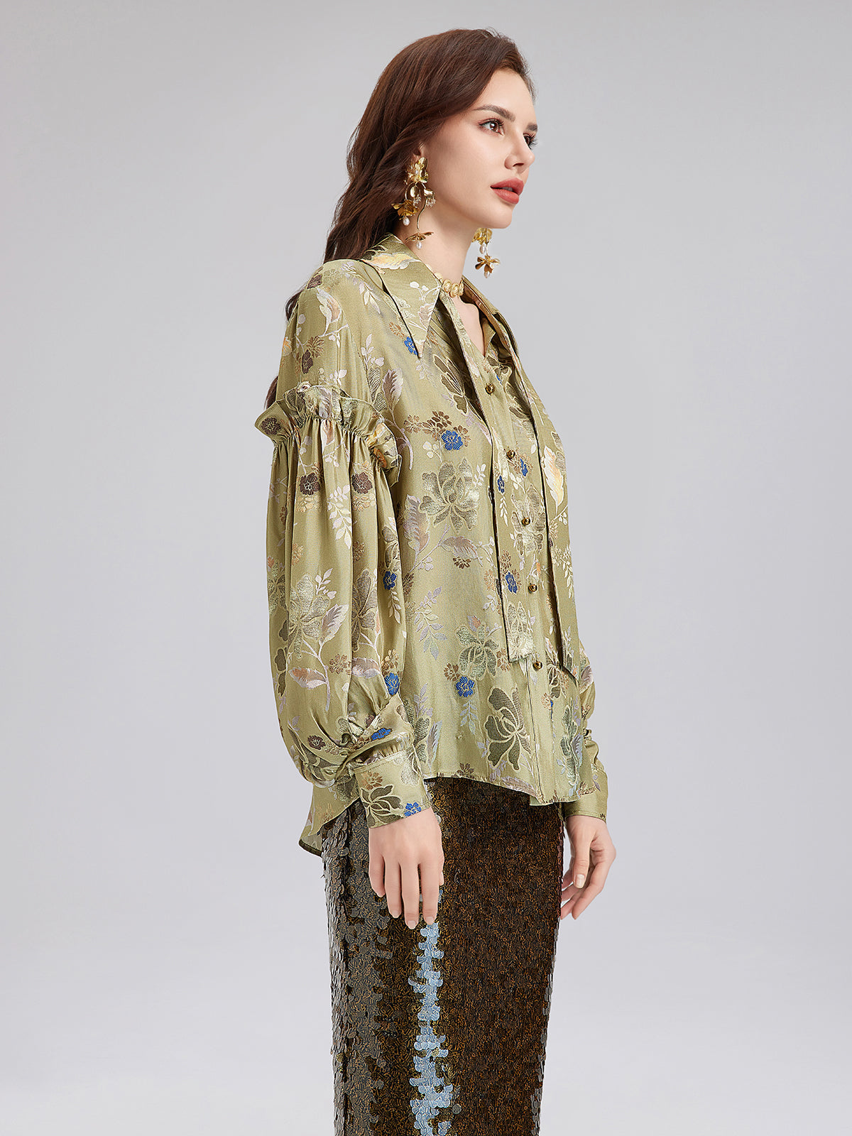 Vintage Mercerization Jacquard Ruffle Blouse
