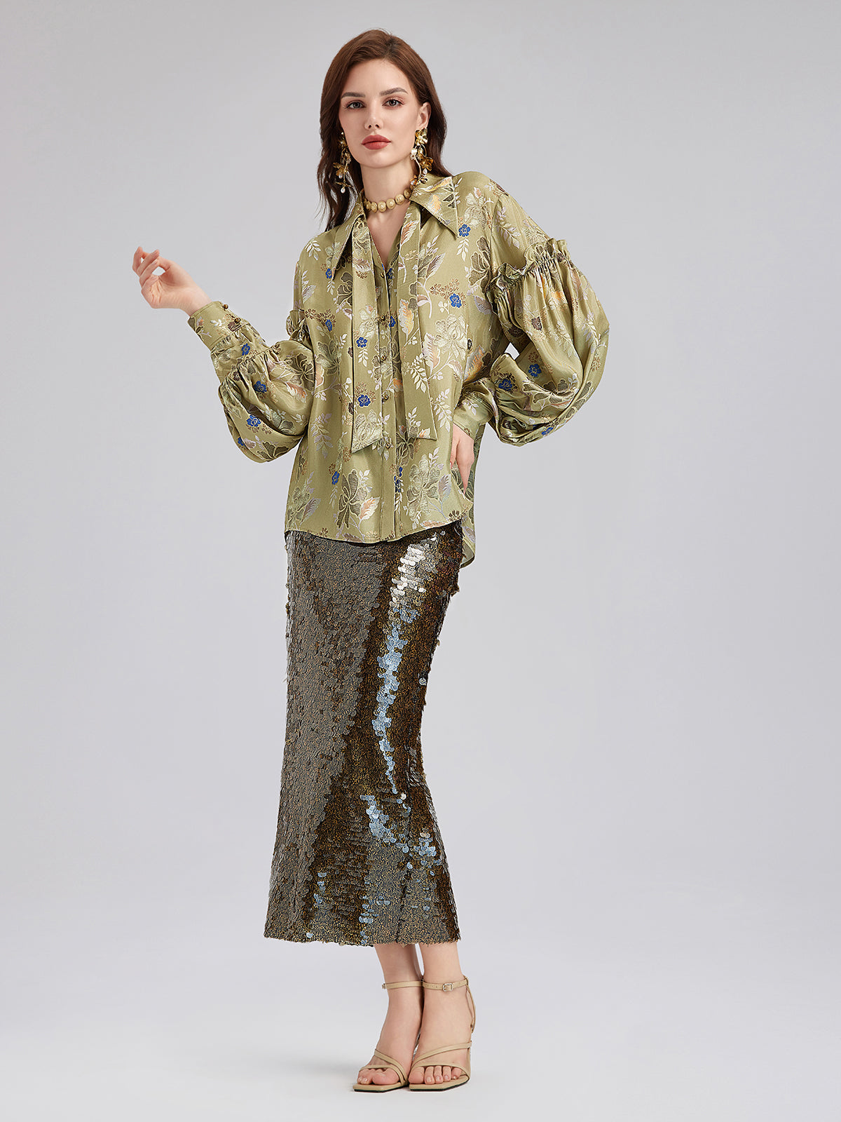 Vintage Mercerization Jacquard Ruffle Blouse