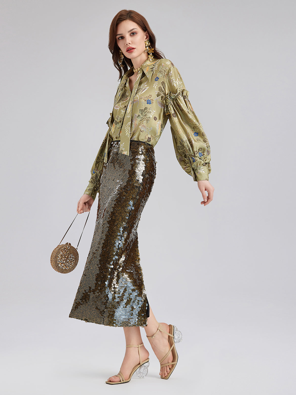 Vintage Mercerization Jacquard Ruffle Blouse