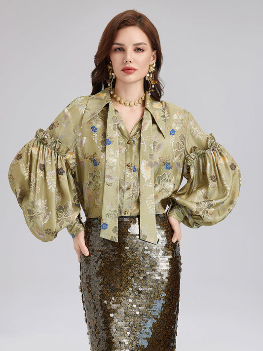 Vintage Mercerization Jacquard Ruffle Blouse