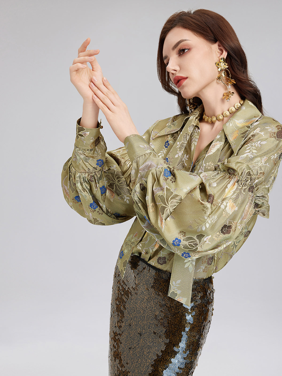 Vintage Mercerization Jacquard Ruffle Blouse