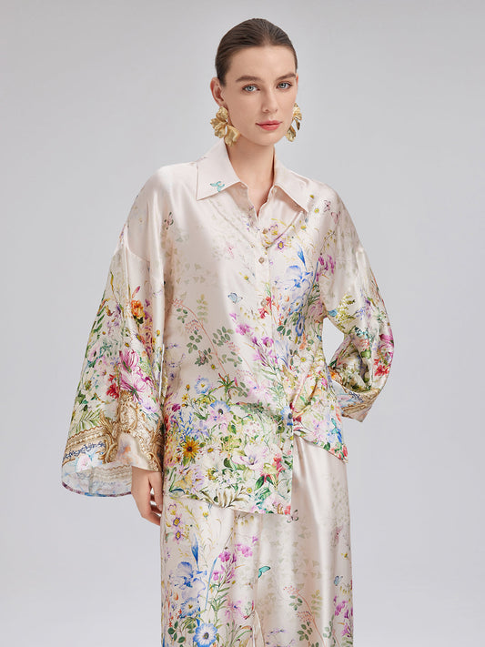 Silk Satin Floral Print Shirt (100% Silk)