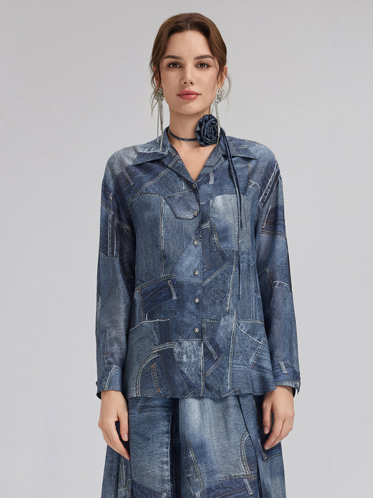 Silk Chiffon Denim-Print Shirt