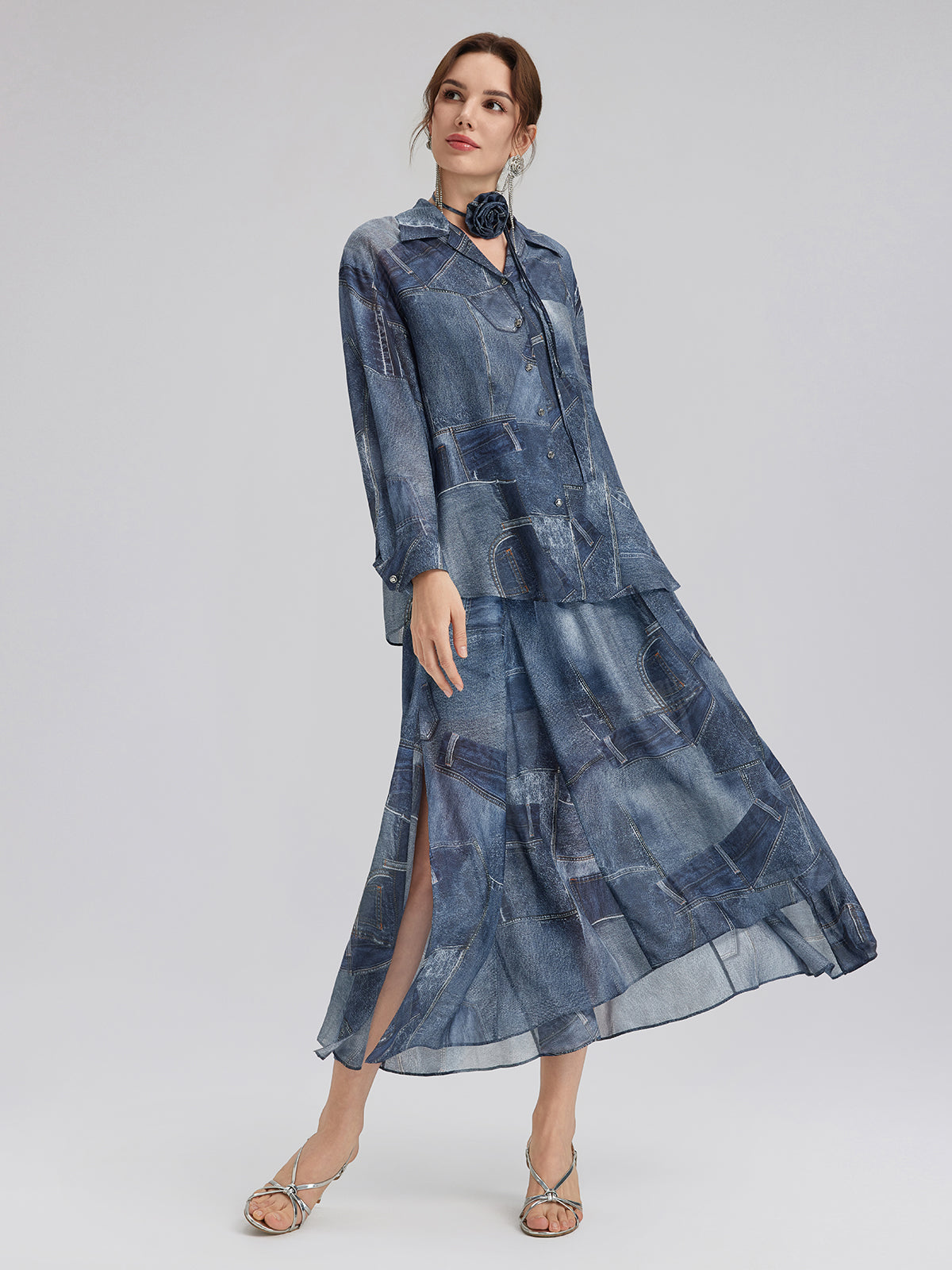 Silk Chiffon Denim-Print Shirt