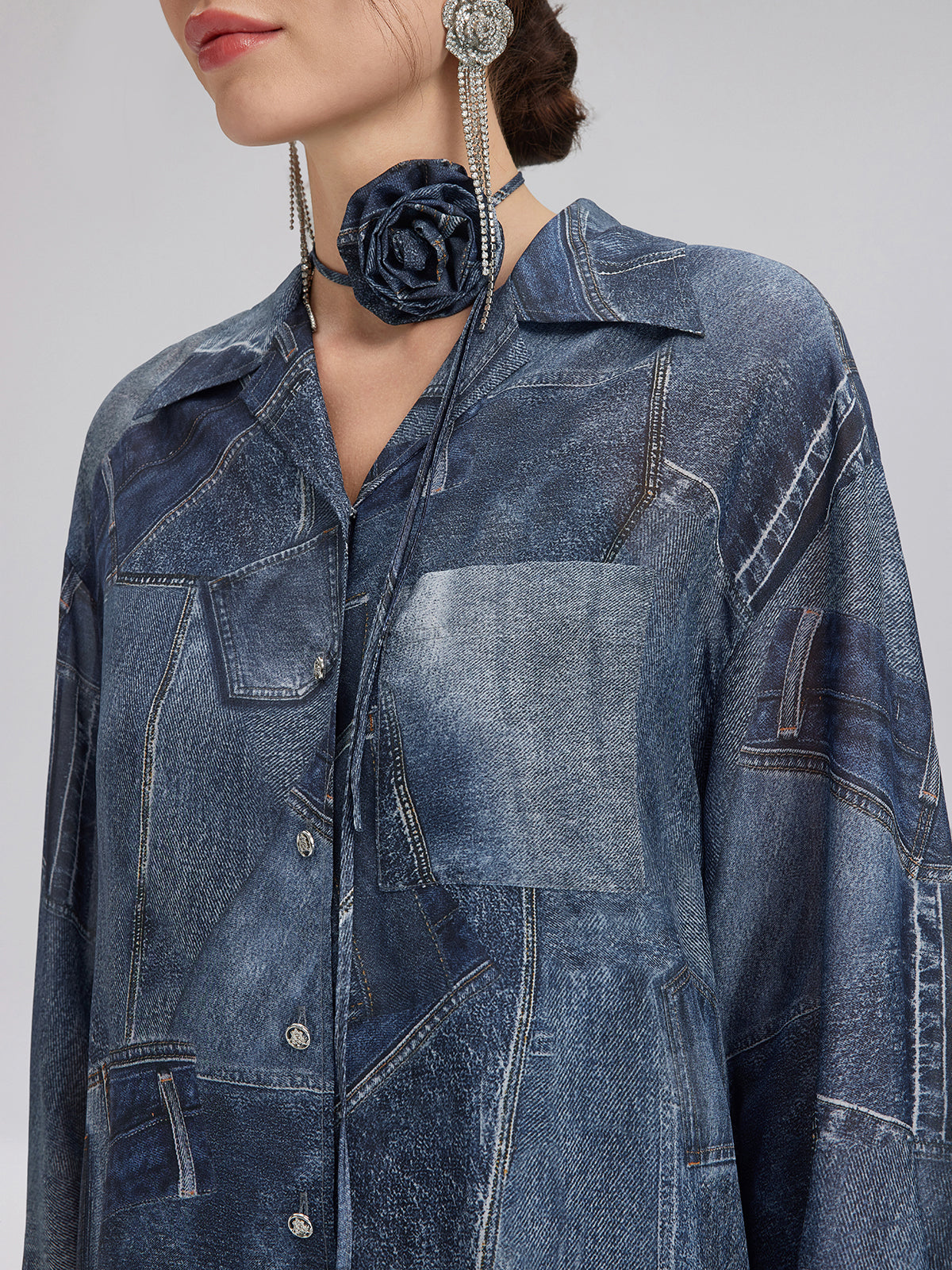Silk Chiffon Denim-Print Shirt
