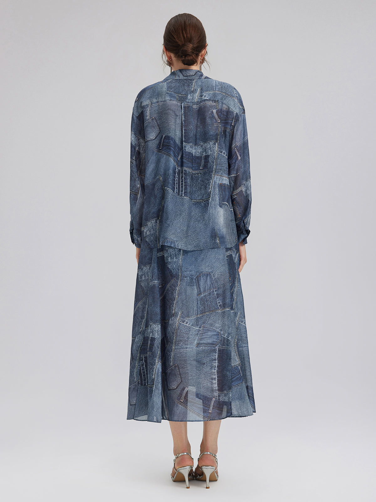 Silk Chiffon Denim-Print Shirt